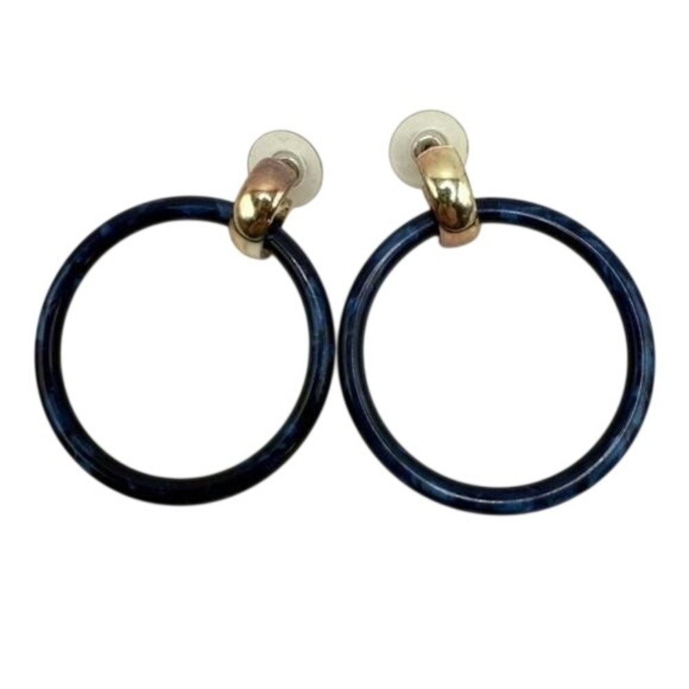Modernist Navy Blue Marbled Lucite Gold Tone Hoop Earrings from DKNY